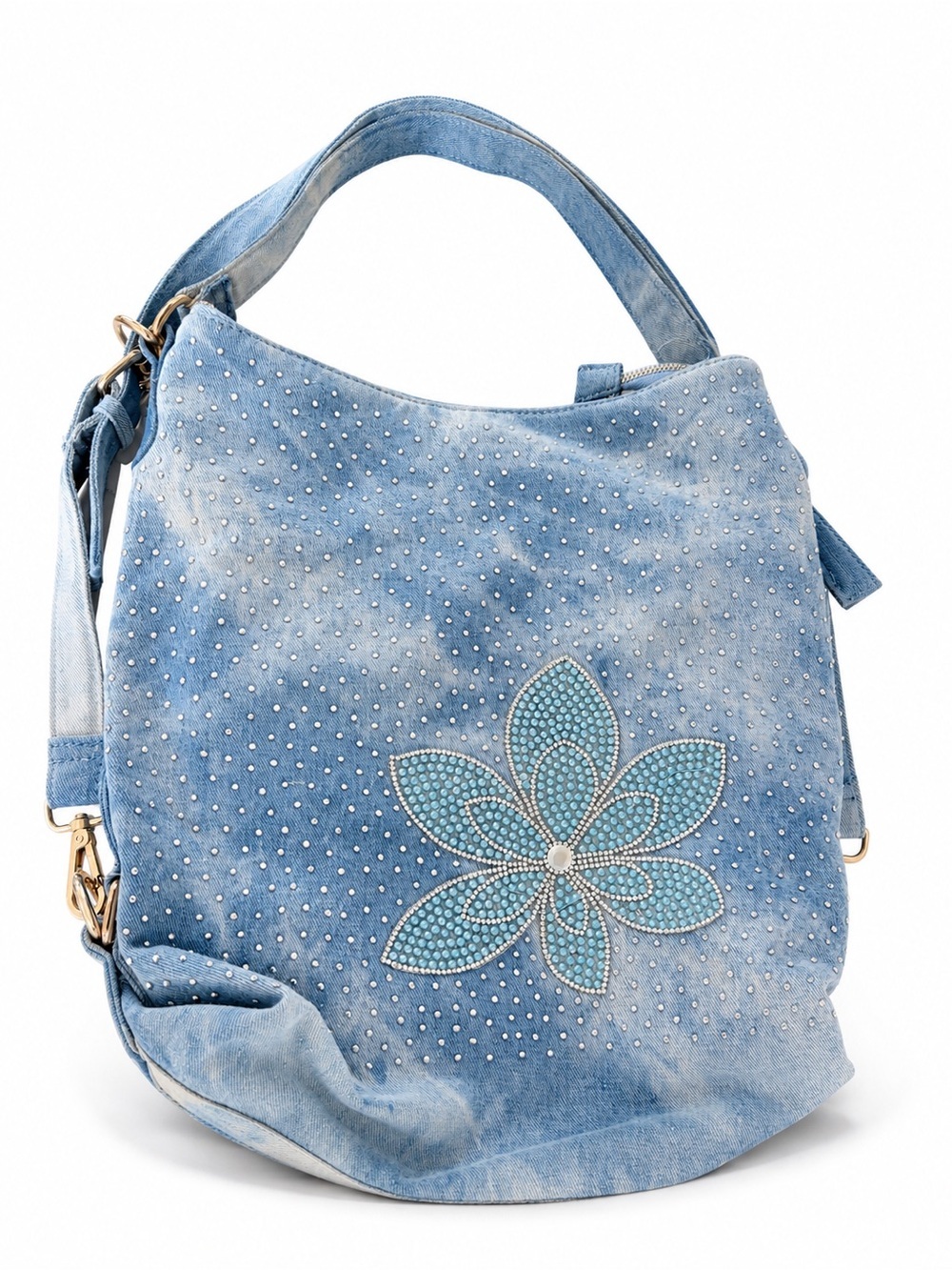 Casual Blue Floral Studded Hobo Bag by Manocchio - Picture 3 of 6